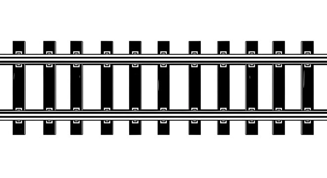 A high contrast black and white graphic illustration depicting a parallel set of railway tracks.