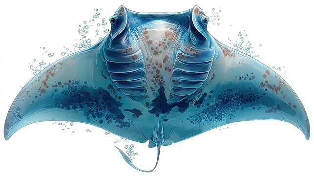 Graceful manta ray with wide triangular pectoral fins gliding elegantly, isolated on clean white background.