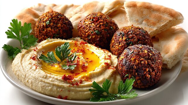 Authentic Middle Eastern falafel balls arranged with creamy hummus and warm pita bread, isolated on clean white background. 