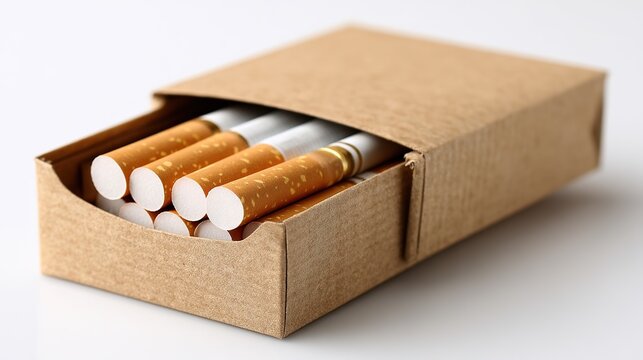 Open pack of cigarettes revealing white filter sticks arranged neatly inside classic flip top box, isolated on clean white background.