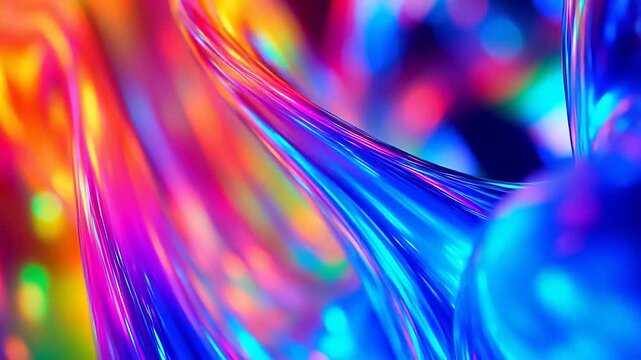 Vibrant abstract liquid background with iridescent waves of glowing rainbow colors, creating a mesmerizing flow of dynamic light and smooth reflections