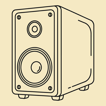 A minimalist line of a classic two-way bookshelf loudspeaker, featuring a woofer and tweeter on a solid light beige background, audio and music-themed projects
