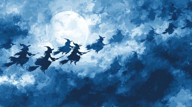 Pattern of flying witches silhouetted against luminous full moon night sky background, magical nocturnal creatures soaring on broomsticks in repeating formation. 