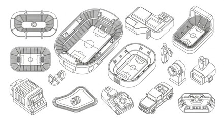 Collection of stadium and arena isometric illustrations in black and white. © Januk