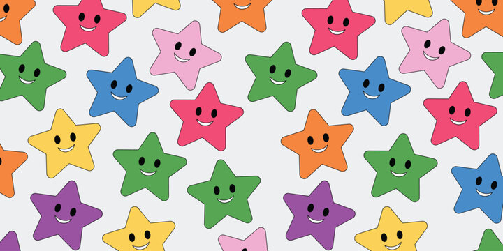 Smiling stars seamless pattern with cute colorful happy star characters on light gray background. Isolated vector illustration of cheerful repeating texture for kids nursery and fabric.