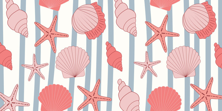 Seashell and starfish seamless pattern with cute pink shells and nautical sea life on blue striped background. Isolated vector illustration of marine repeating texture for summer fabric.