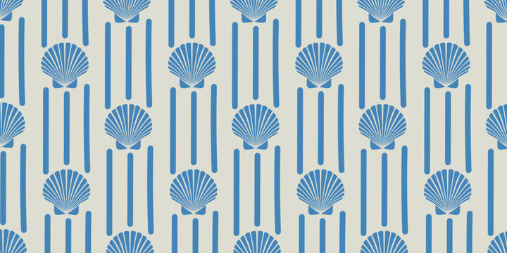 Blue seashell seamless pattern with nautical vertical stripes on off-white background. Isolated vector illustration of marine repeating texture for summer fabric, wallpaper, and gift wrap.