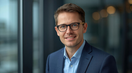 Fototapeta premium Smiling businessman wearing glasses and suit in modern office with bokeh lights