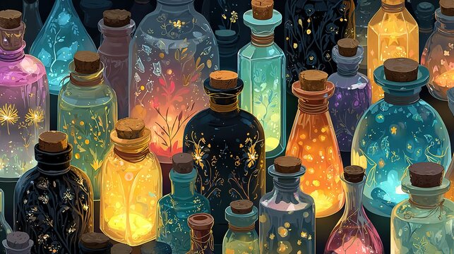 Seamless pattern of magical potion bottles glowing with ethereal luminescence on dark gradient background, mystical alchemy collection in repeating formation.