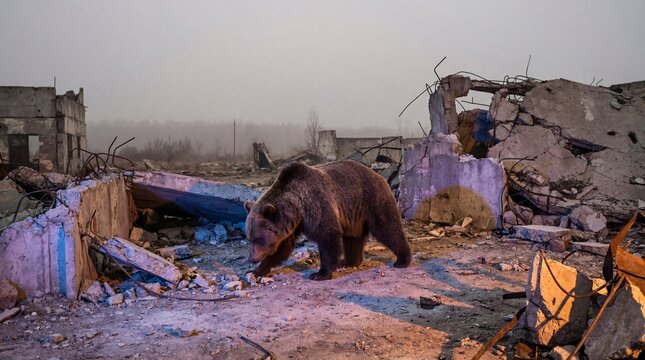 Bear doll with city ruin in background concept. A bear explores a destroyed building in a foggy landscape.