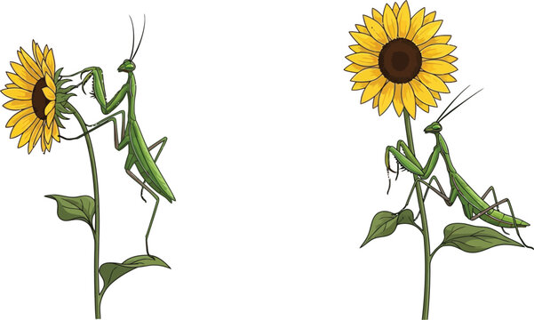Two praying mantises on sunflowers a nature illustration of insects and flora perfect for ecological concepts and summer themes