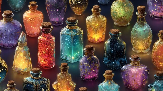 Seamless pattern of magical potion bottles glowing with ethereal luminescence on dark gradient background, mystical alchemy collection in repeating formation.
