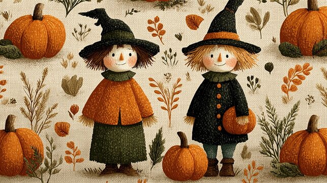 Seamless pattern of rustic scarecrows and orange pumpkins scattered across golden autumn field background