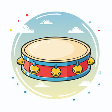Cartoon Tambourine with Jingle Bells and Clouds