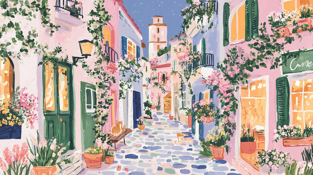 An oil painting illustration of a colorful European streetscape on a night when flowers are in bloom / 花の咲く夜のヨーロッパのカラフルな街並みの油彩イラスト