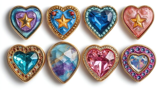 Glamorous star and heart shaped jewels sticker set arranged on clean white background, sparkling gemstone decals with shiny metallic finish.