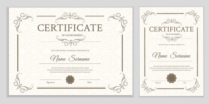Certificate template in landscape and portrait orientation. Elegant vintage achievement diploma with ornamental brown border and seal. Professional vector design for business or education awards.
