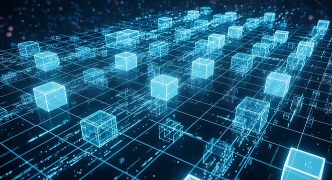Futuristic Digital Blockchain Network with Glowing Cubes and Data Grid.