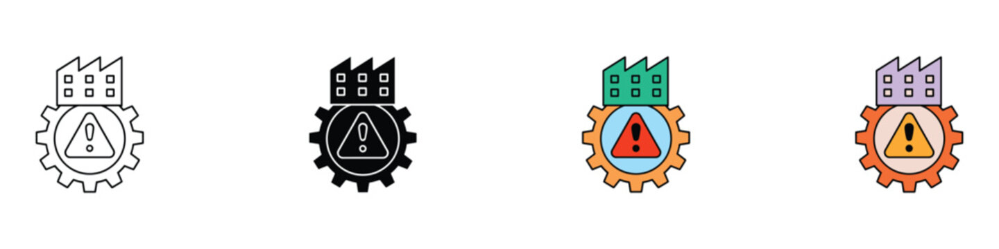Industrial warning icon set with factory building, gear, and exclamation alert symbol. Isolated vector illustration of manufacturing safety and technical error signs in outline, solid, and flat styles