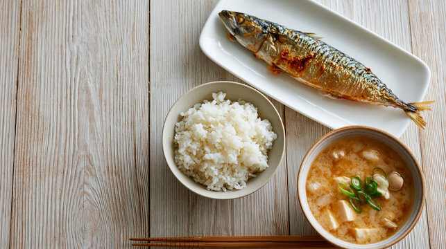 Grilled Fish Plate with White Rice and Miso Soup in Minimal Japanese Dining Composition