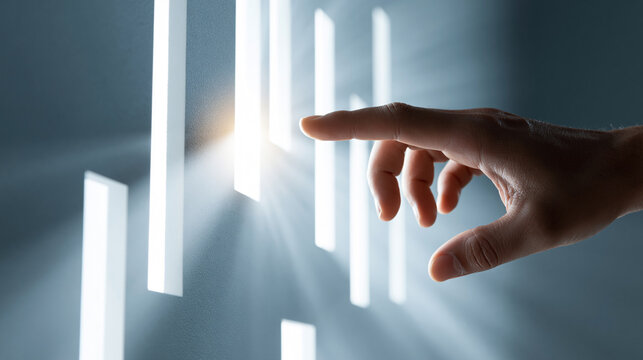 Finger Pressing Bright Virtual Screen with Futuristic Light Panels and Technology Background