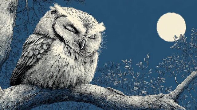 Sleeping owl perched on tree branch under full moon at night in forest, wildlife illustration with nocturnal moonlight, detailed line art scene