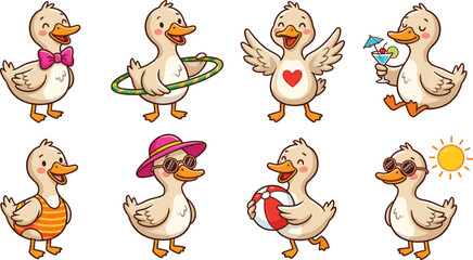 Cute Cartoon Ducklings Summer Vacation Collection Vector Illustration Set Isolated on White Background