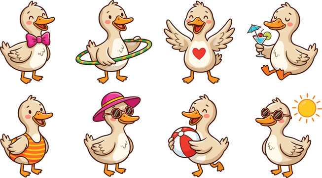 Cute Cartoon Ducklings Summer Vacation Collection Vector Illustration Set Isolated on White Background