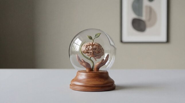 Inside the mind of a person facing depression concept. A decorative globe showcasing a brain with a growing plant inside.
