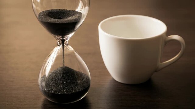Hourglass coffee cup on wooden table with black sand, morning timer for time deadline countdown concept, warm light vintage still life mood