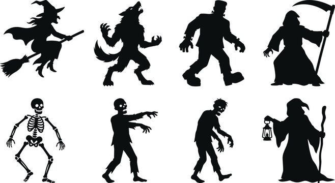 Vector illustration of Halloween monster silhouettes, witch, werewolf, zombie, skeleton, and grim reaper, isolated