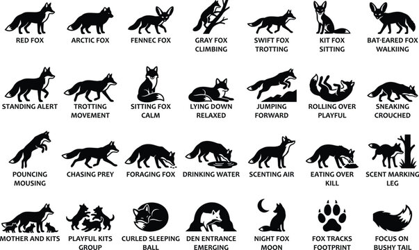 Fox silhouette icon set. Featuring red, fennec, and arctic foxes. Including behaviors like pouncing, sleeping, jumping, and foraging. Black solid glyph vector icons for nature education.