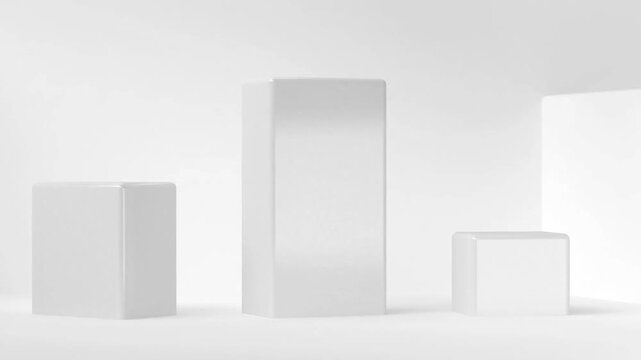 Minimalist geometric display of white rectangular blocks on a bright stage