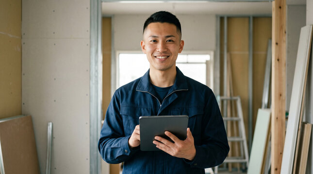 内装工事の現場でタブレットを確認する若い施工管理の男性