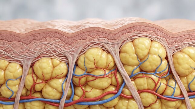 Detailed view of subcutaneous tissue with fat lobules and a network of blood capillaries.
