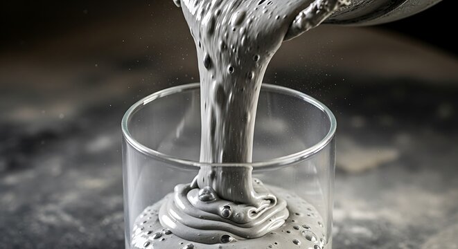 Thick Grey Viscous Liquid Poured into a Glass with Bubbles