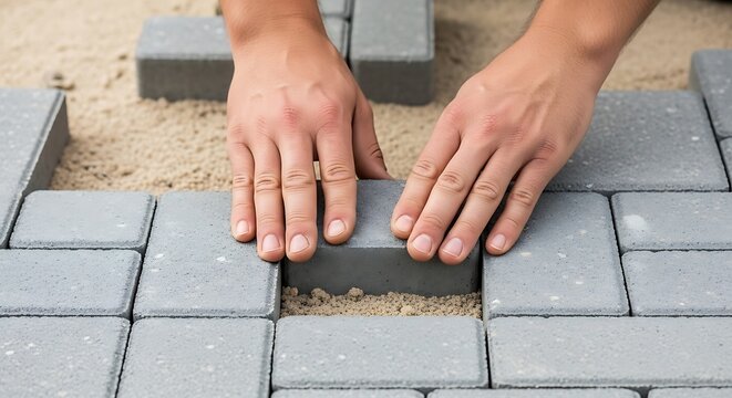 Worker's Hands Installing Grey Paving Stones on Sand Base