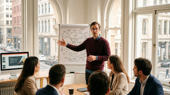 Business Team Presentation With Mind Map Brainstorming Session In Bright Urban Office