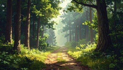 Fototapeta premium Sunlit Forest Path Bathed in Golden Morning Light.