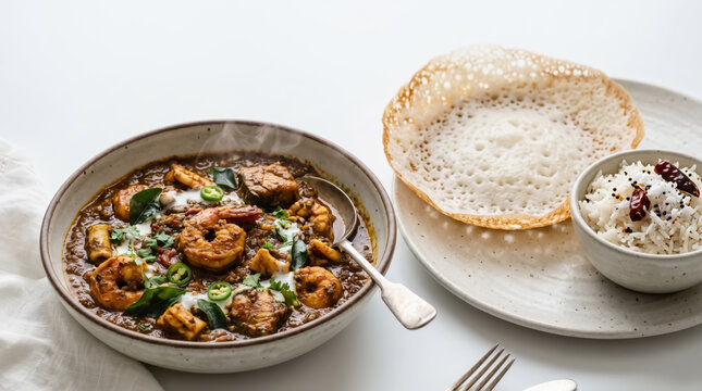 Steaming South Indian prawn curry with appam and rice, a flavorful coastal delicacy