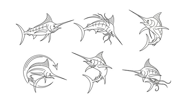 Set of six black and white marlin fish illustrations for logo design