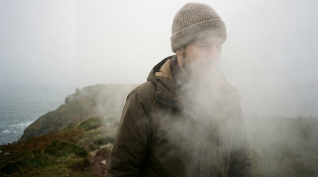 Inside the mind of a person facing depression concept. A person stands in mist, exhaling steam on a foggy day outdoors.