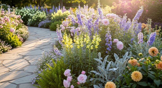 Un sentier en pierre traverse un jardin fleuri &eacute;clatant sous un soleil radieux.