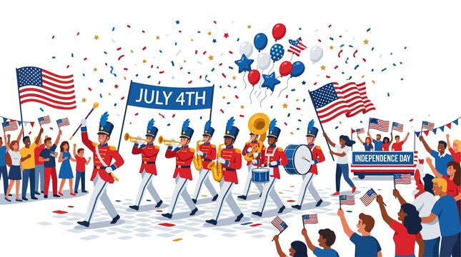 People celebrate Independence Day with marching band and flags