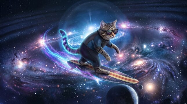 Cat in sunglasses surfs ocean wave concept. A playful cat surfing through the stars in outer space.