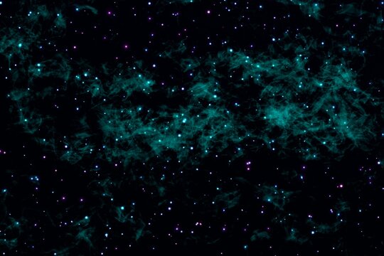 Deep space cosmic nebula with glowing stars, teal interstellar gas clouds, galactic dust, celestial background, futuristic universe artwork