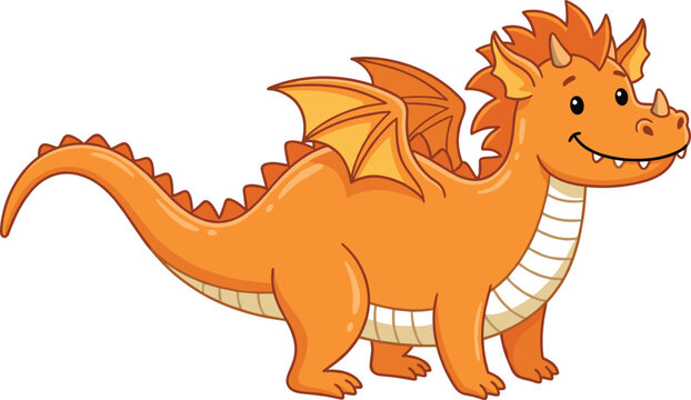 Cute orange dragon cartoon character, adorable fantasy creature illustration for kids, fairytale and playful vector design isolated background