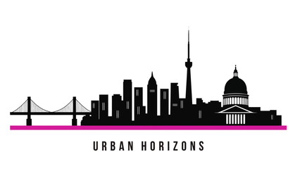 Obraz premium Urban city skyline silhouette graphic with modern skyscrapers bridge and pink accent line