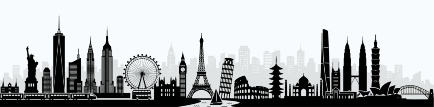 Global world landmark skyline silhouette featuring famous international travel destinations and iconic architecture