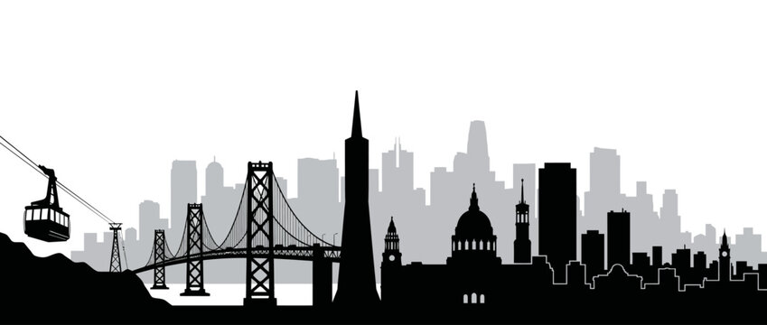 San Francisco city skyline silhouette featuring cable car golden gate bridge and transamerica pyramid